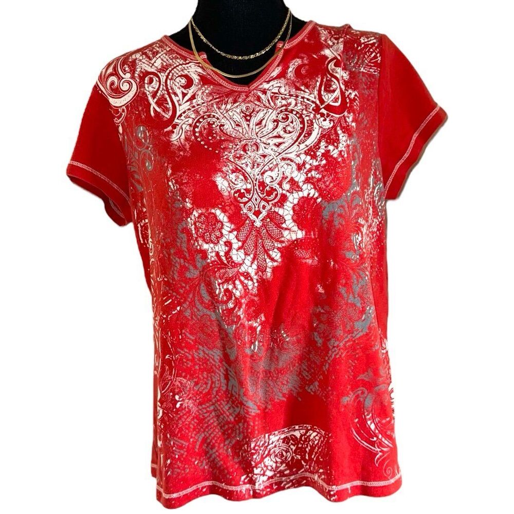 Vintage Y2K 2000s burnout red orange rhinestones skater graphic tee size large